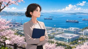 桜咲く高台で国際関係を考える成人女性のアニメ風イラスト