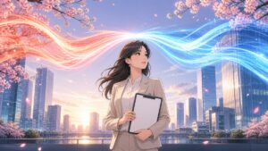 為替の動きと賃金を分析する成人女性のアニメ風イラスト