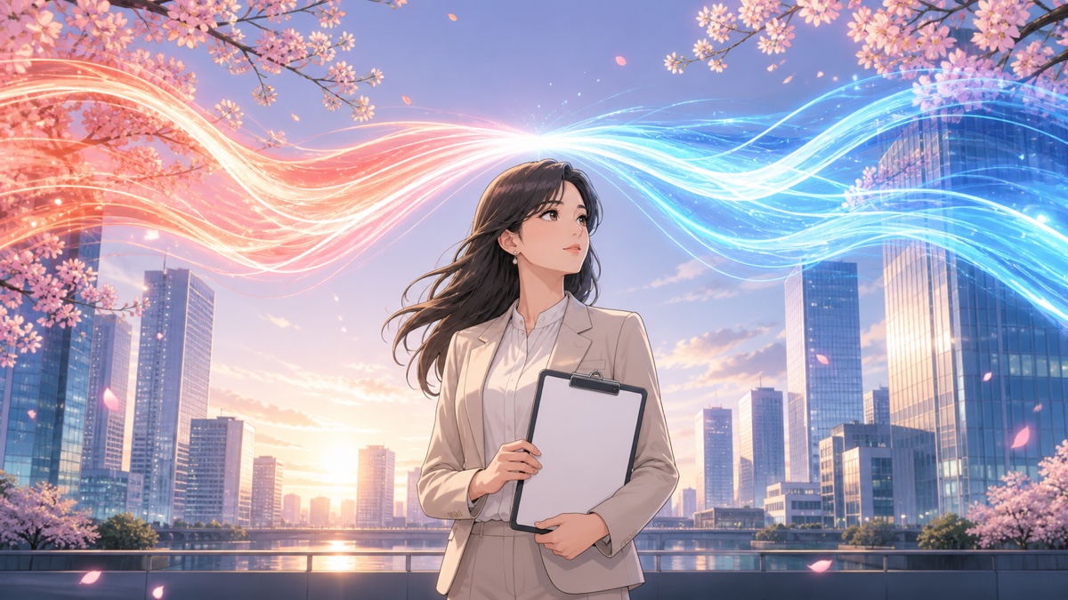 為替の動きと賃金を分析する成人女性のアニメ風イラスト
