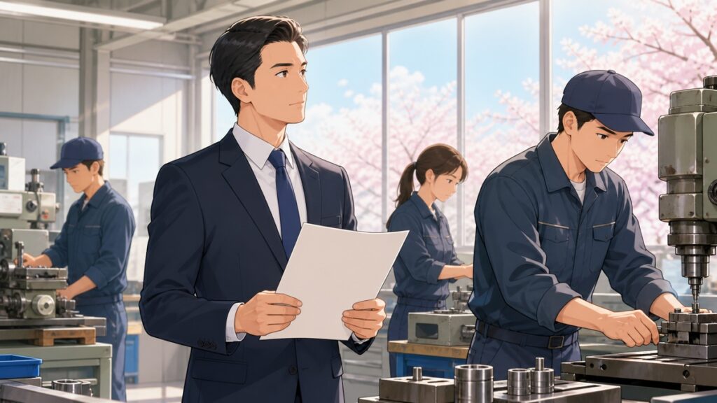 町工場で事業実態を確認する成人男性担当者のアニメ風イラスト