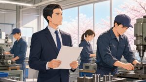 町工場で事業実態を確認する成人男性担当者のアニメ風イラスト