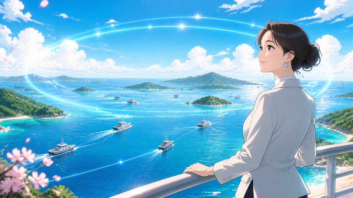 南の海で安全な航路を見守る成人女性研究者のアニメ風イラスト