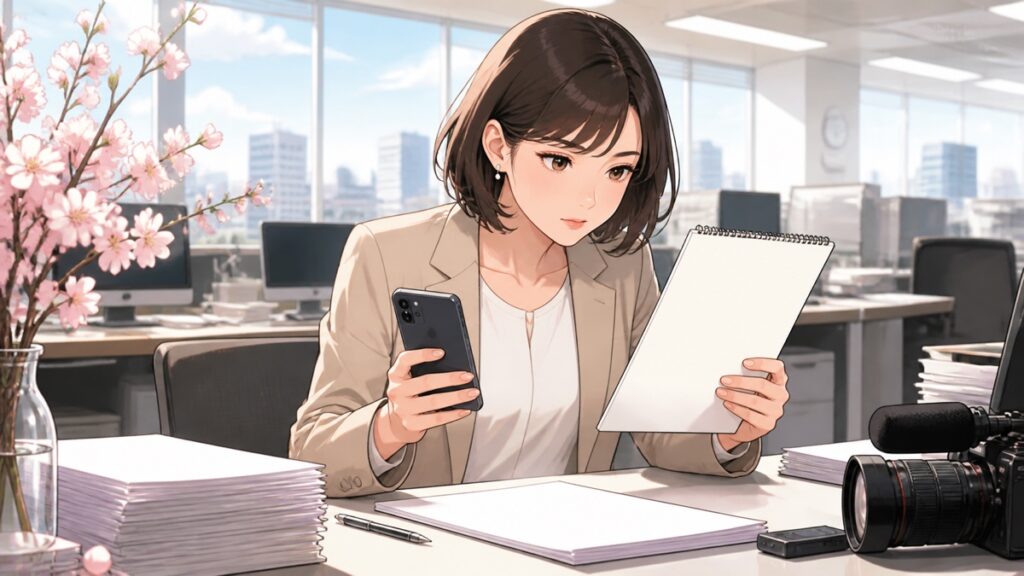 編集室でSNS情報を検証する成人女性記者のアニメ風イラスト