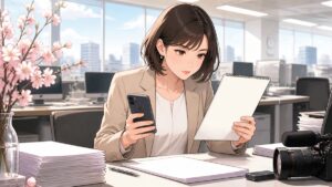 編集室でSNS情報を検証する成人女性記者のアニメ風イラスト