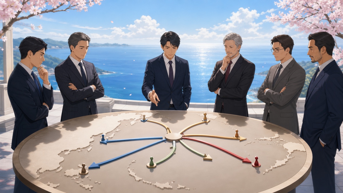 太平洋の航路と外交戦略を検討する成人男性のアニメ風イラスト