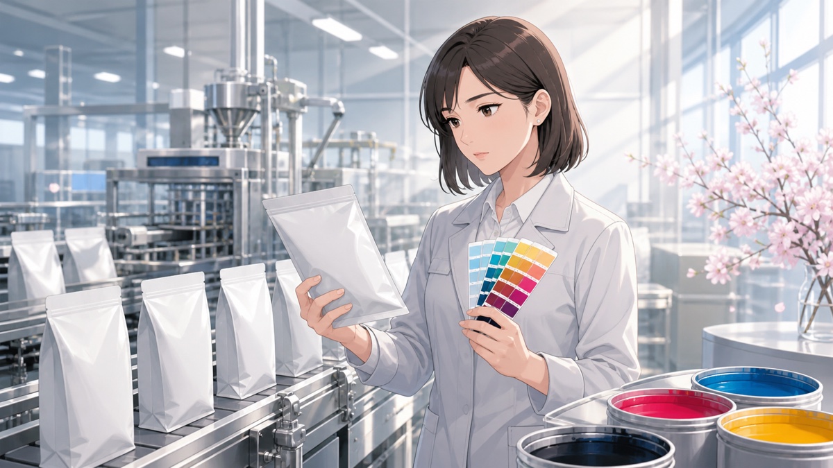 食品工場で包装資材の供給を確認する成人女性技術者のアニメ風イラスト