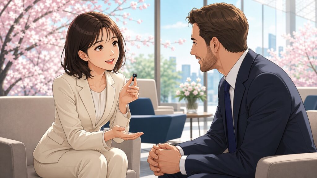 国際会議で誠実に対話する成人女性のアニメ風イラスト