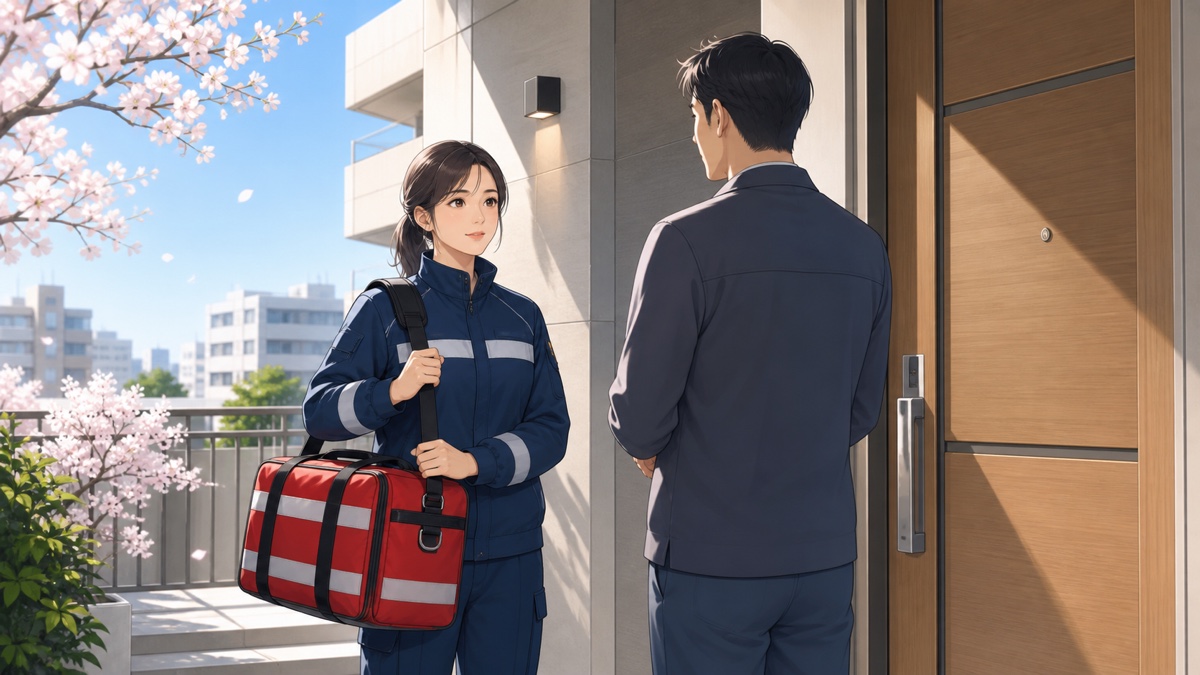 マンションで緊急対応を確認する成人女性救急隊員のアニメ風イラスト