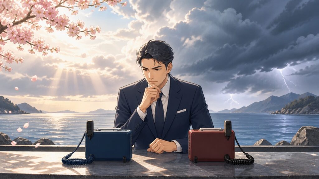 海峡の緊張と対話の必要性を考える成人男性のアニメ風イラスト