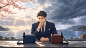 海峡の緊張と対話の必要性を考える成人男性のアニメ風イラスト