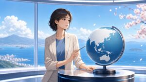 東アジア情勢を分析する成人女性ジャーナリストのアニメ風イラスト