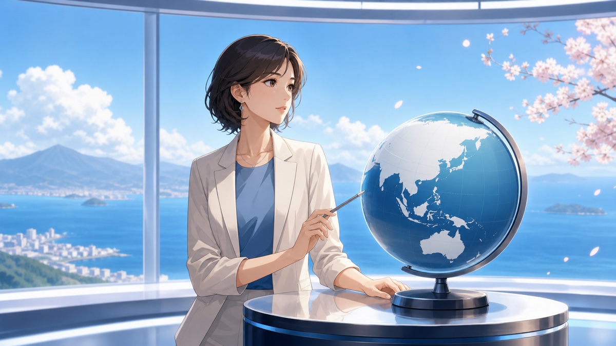 東アジア情勢を分析する成人女性ジャーナリストのアニメ風イラスト
