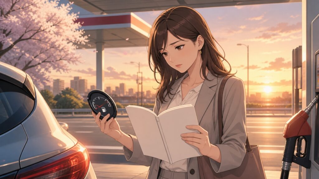 ガソリン価格と家計を見比べる成人女性のアニメ風イラスト