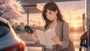 ガソリン価格と家計を見比べる成人女性のアニメ風イラスト