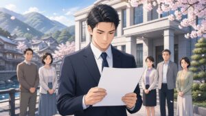温泉街で選挙手続きを確認する成人男性のアニメ風イラスト
