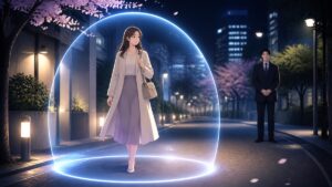 夜道で安全支援に守られる成人女性のアニメ風イラスト