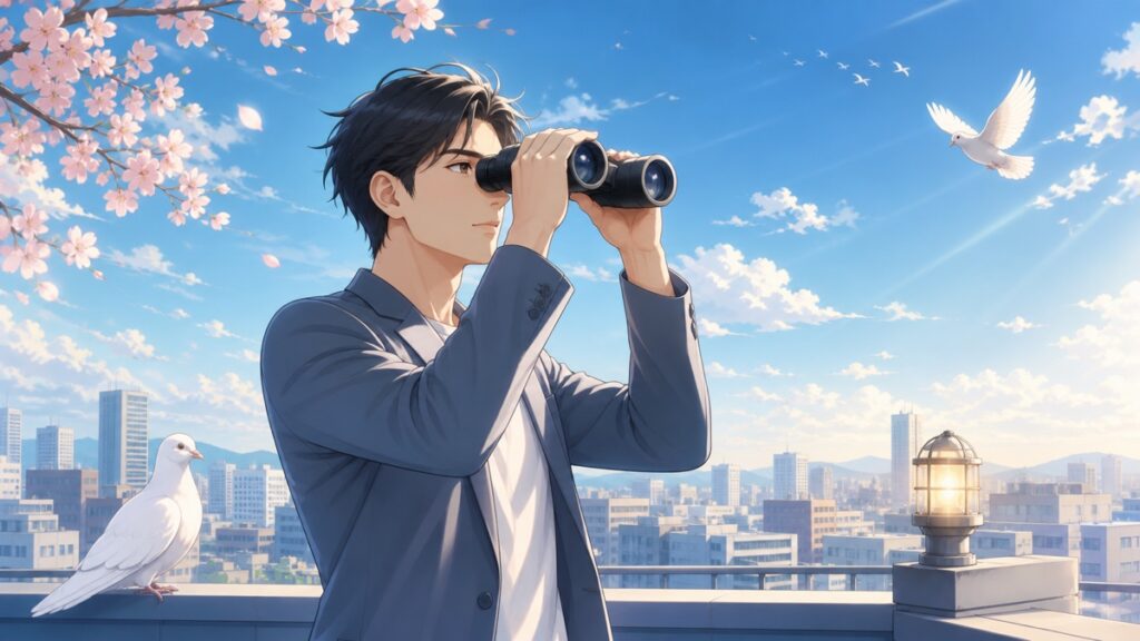 平和と安全保障について考える成人男性のアニメ風イラスト