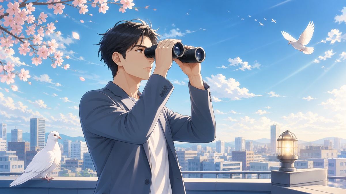 平和と安全保障について考える成人男性のアニメ風イラスト