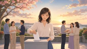 投票を通じて意思を示す成人女性のアニメ風イラスト