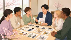公民館で地域のルールと文化を話し合う成人たちのアニメ風イラスト