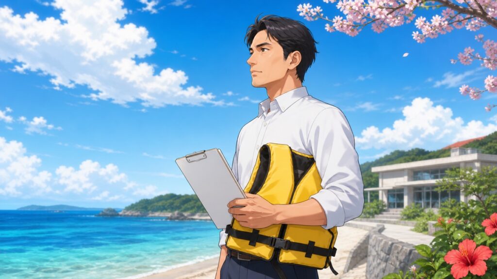 沖縄の海辺で安全確認を行う成人男性教員のアニメ風イラスト