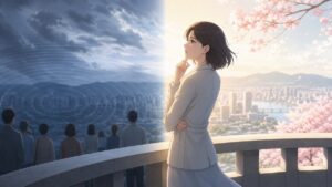 暮らしと政治への期待を考える成人女性のアニメ風イラスト