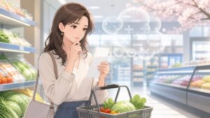 食品売り場で家計の負担を確認する成人女性のアニメ風イラスト