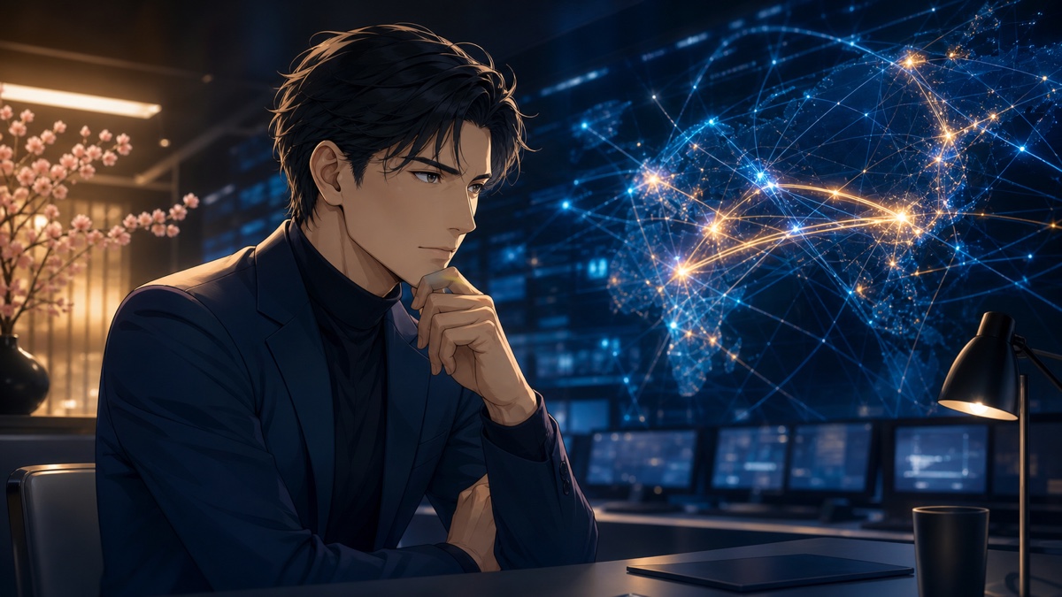 情報ネットワークを慎重に分析する成人男性のアニメ風イラスト