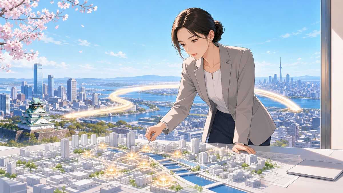 二つの都市を結ぶ防災計画を検討する成人女性のアニメ風イラスト