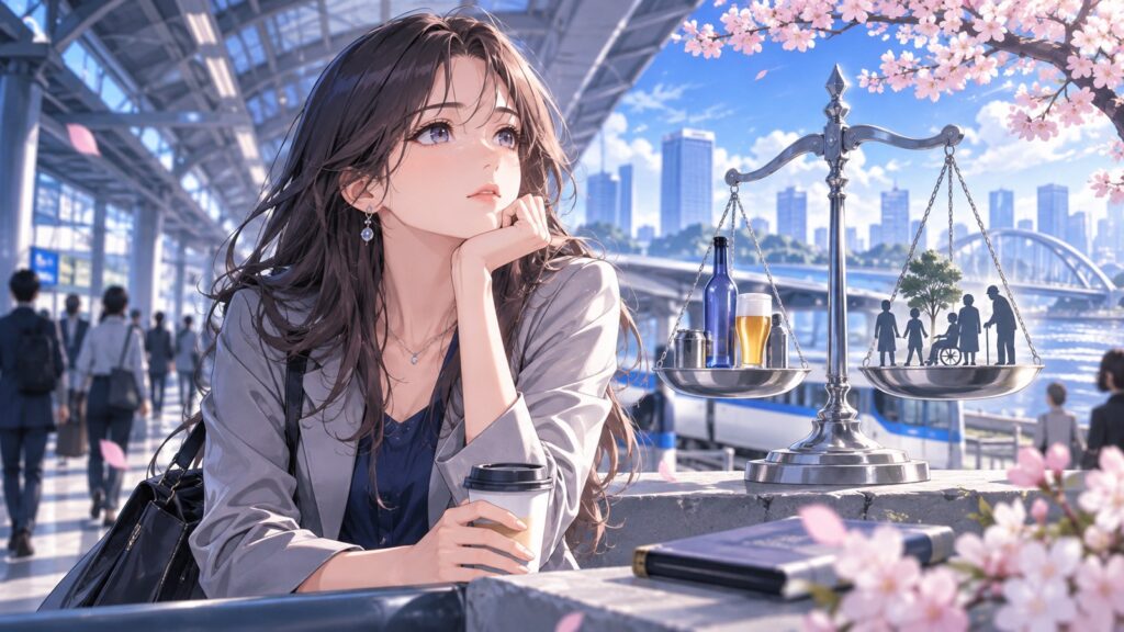 「「乗客に禁酒中の人もいる」とか「公共性無視」とか言い出したらなんにも出来無いですよね」を題材にした架空の成人人物のアニメ風イラスト