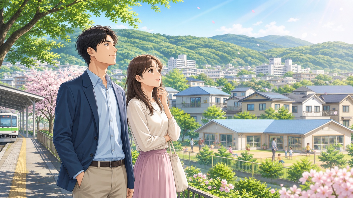 地方都市で将来の暮らしを思い描く成人男女のアニメ風イラスト