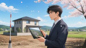 郊外の建物と過去の地図記録を確認する成人男性のアニメ風イラスト