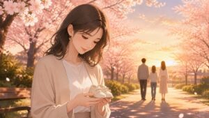 桜並木で家族との年月を振り返る成人女性のアニメ風イラスト