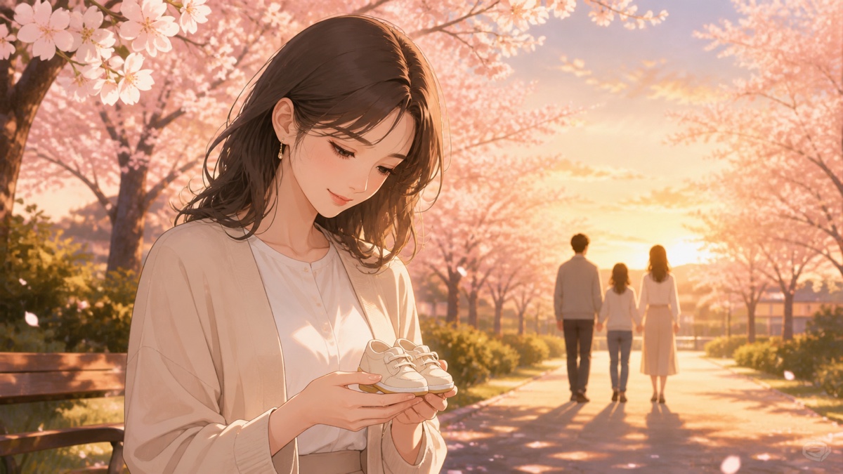桜並木で家族との年月を振り返る成人女性のアニメ風イラスト
