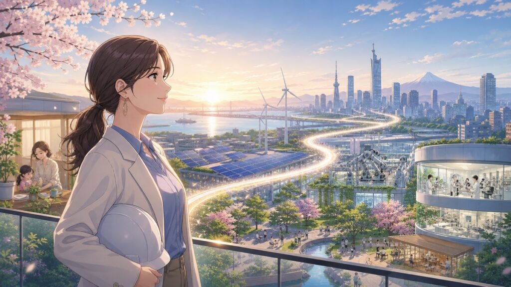 未来都市と成長への道筋を描く成人女性の技術起業家