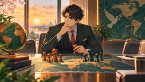 「核の脅しには核の脅しが鉄則ですからね」を題材にした架空の成人人物のアニメ風イラスト