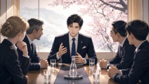 国際会議で安全保障上の立場を冷静に主張する成人男性外交官