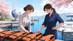 海辺の体験学習で安全計画と救命具を確認する成人女性教師と救助員