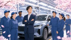 自動車工場で経営責任と現場の成果を共有する成人男性経営者と作業員