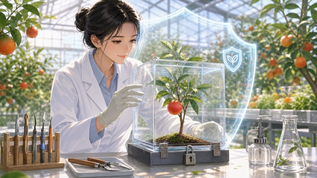 高級かんきつの苗木と育成者権を守る成人女性の農業研究者