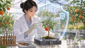 高級かんきつの苗木と育成者権を守る成人女性の農業研究者