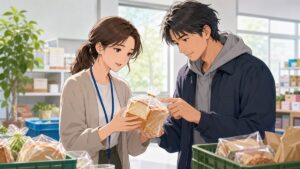 地域の食料支援でパンの安全を確認する成人女性職員と成人男性