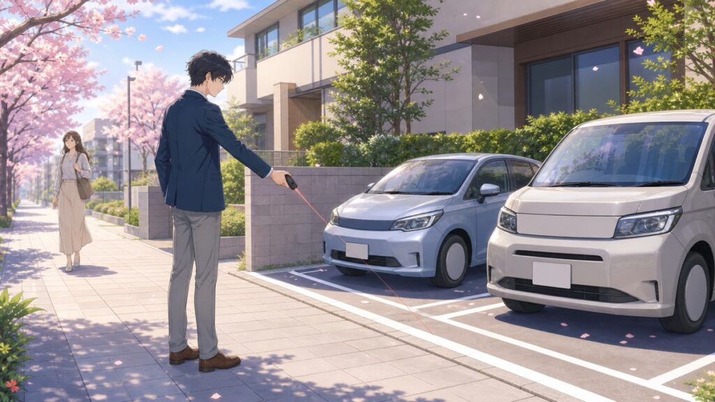 住宅の駐車スペースと歩道の安全を測る成人男性の都市計画担当者