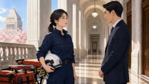 救助装備の前で誇りを示す成人女性の防衛・災害対応職員