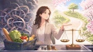 食料品と家計負担を分かりやすく見直す成人女性の生活相談員