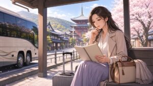 静かな観光地で団体旅行の停止を確認する成人女性の旅行担当者