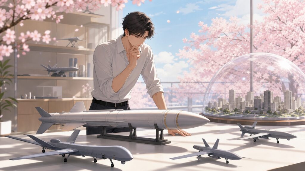 多数の小型ドローンと都市防衛を研究する成人男性の防衛技術者