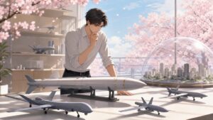 多数の小型ドローンと都市防衛を研究する成人男性の防衛技術者