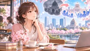 「もう政権交代しか無いですよね」を題材にした架空の成人人物のアニメ風イラスト