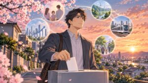 「とにかく選挙で自身の意思表示をしましょうね」を題材にした架空の成人人物のアニメ風イラスト